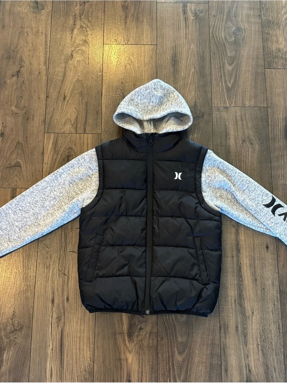 Hurley Black Quilted Vest with Heather Gray Hoodie Sleeves